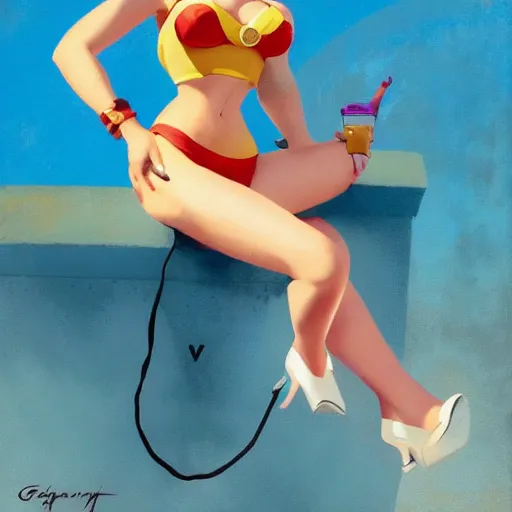 Prompt: 1 9 5 0's pinup of overwatch tracer in a sexy bikini, artwork by greg manchess, medium shot, asymmetrical, organic painting, sunny day, matte painting, bold shapes, hard edges, street art, trending on artstation, by huang guangjian and gil elvgren and sachin teng