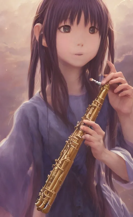 Image similar to a girl from final fantasy live action, renge miyauchi from non non biyori playing a recorder, evocative, mystical night, very very very very detailed, award winning, masterpiece digital painting by greg rutkowski, alex grey, artstation, 4 k wallpaper