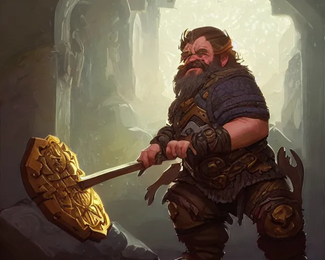 Image similar to dwarf inspecting his axe, deep focus, d & d, fantasy, intricate, elegant, highly detailed, digital painting, artstation, concept art, matte, sharp focus, illustration, hearthstone, art by artgerm and greg rutkowski and alphonse mucha