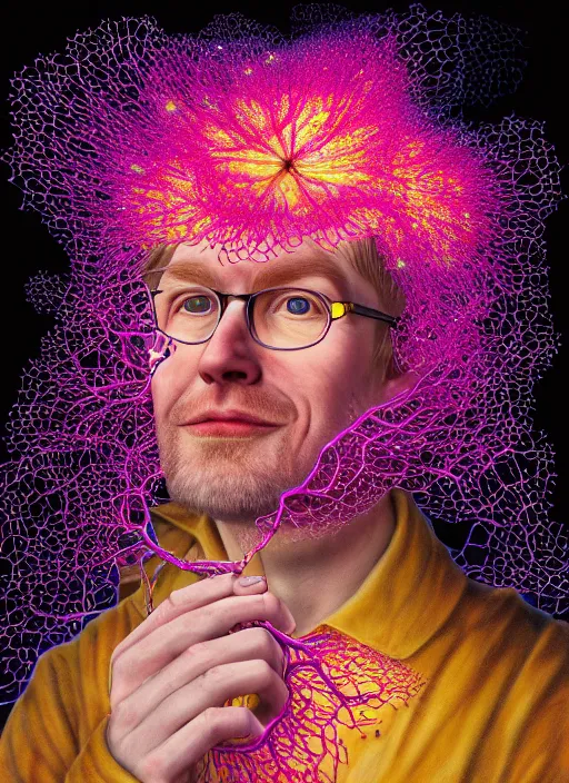 Prompt: hyper detailed 3d render like a Oil painting - friendly professional portrait of author Hank Green in Aurora seen Eating of the Strangling network of yellowcake aerochrome and milky Fruit and Her delicate Hands hold of gossamer polyp blossoms bring iridescent fungal flowers whose spores black the foolish stars by Jacek Yerka, Mariusz Lewandowski, Houdini algorithmic generative render, Abstract brush strokes, Masterpiece, Edward Hopper and James Gilleard, Zdzislaw Beksinski, Wolfgang Lettl, hints of Yayoi Kasuma, octane render, 8k
