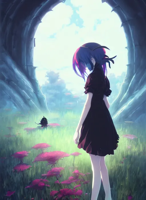 Image similar to portrait of gothic alice from wonderland, cloudy sky background lush landscape illustration concept art anime key visual trending pixiv fanbox by wlop and greg rutkowski and makoto shinkai and studio ghibli