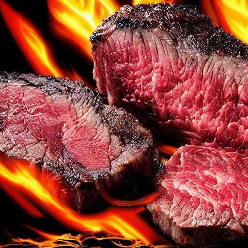 Prompt: explosion fireball sending meat everywhere wagyu steak gourmet food photography