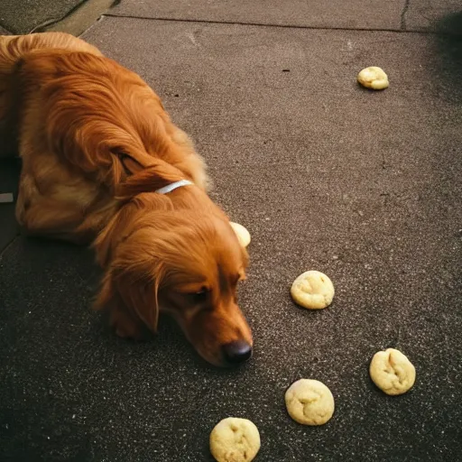 Image similar to a lonely golden retriever staring at a pile of cookies on the ground