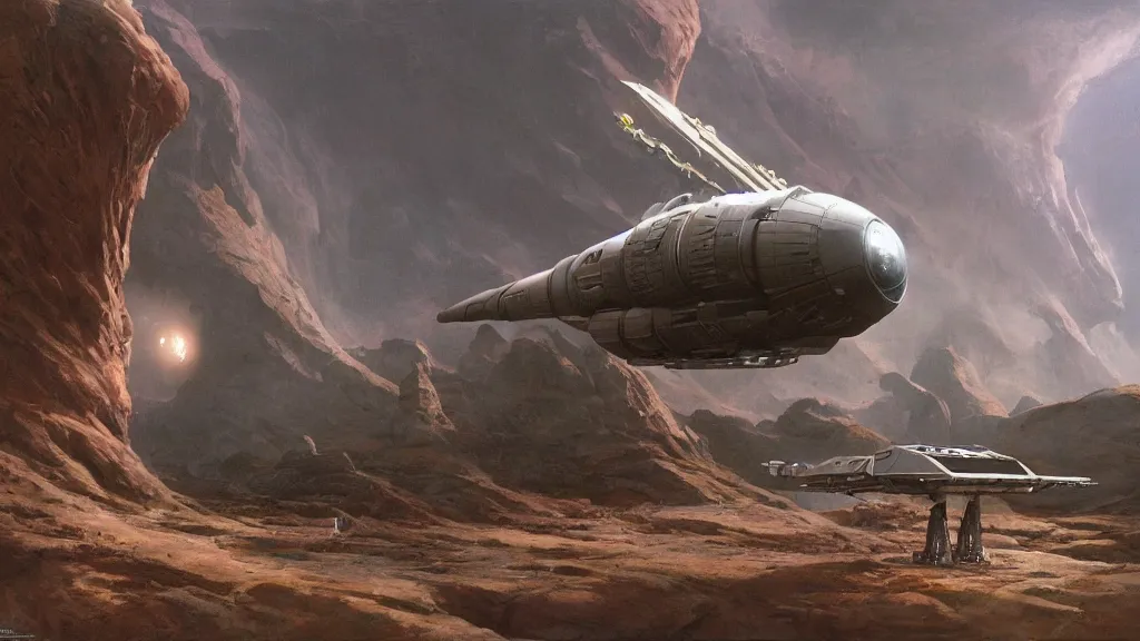 Image similar to small organic dropship lander by john schoenherr and jim burns, epic cinematic matte painting