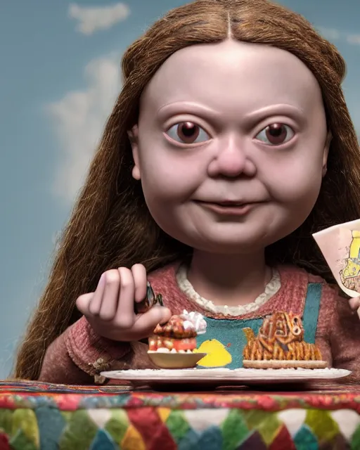 Image similar to highly detailed closeup, face profile portrait of a tin toy greta thunberg as a medieval goblin eating cakes in a castle, bikini, depth of field, nicoletta ceccoli, mark ryden, lostfish, dan decarlo, bob clampett, max fleischer, detailed and intricate environment, 8 k resolution, hyperrealistic, octane render