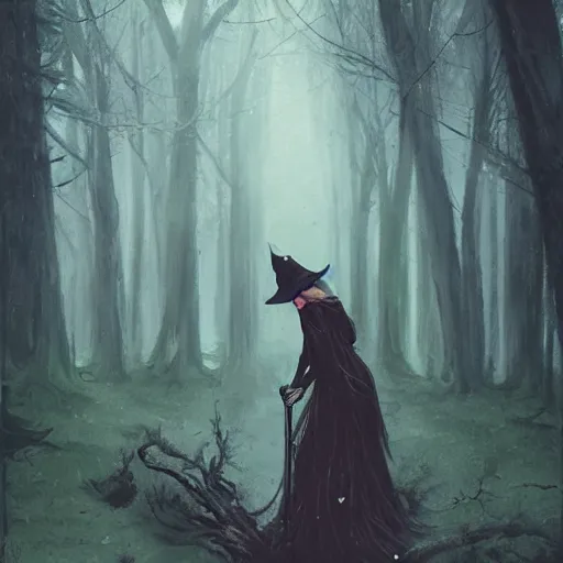 Prompt: witch performing a ritual in a dark forest painted by Greg Rutkowski