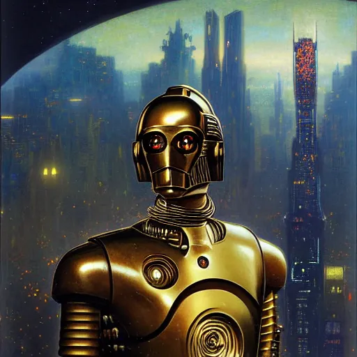 Image similar to portrait c 3 po. spaceship futuristic city. shadowrun cyberpunk fantasy d & d painting by gaston bussiere craig mullins jc leyendecker gustav klimt artgerm greg rutkowski john berkey, bergey, craig mullins, ruan jia, raymond swanland, tom lovell