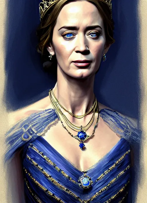 Prompt: portrait of emily blunt as queen, jewelry, greek, sapphire, victorian age, 1 8 9 0, intricate, headshot, key visual, conceptart, ambient lighting, highly detailed, digital painting, artstation, concept art, sharp focus, by makoto shinkai and akihiko yoshida and greg manchess