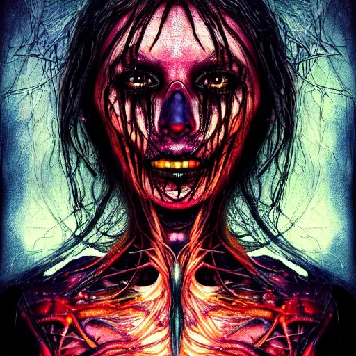 Prompt: full body portrait, a highly detailed witch, magic, night, extremely high detail, death, fear, horror, realistic, masterpiece, saturated colors, tangled, ripped flesh, by giger, perfect faces, fine details