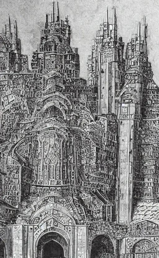 Prompt: enormous high fantasy city, marvelous persian architecture, brutalist occult church in the middle, thuderstorm
