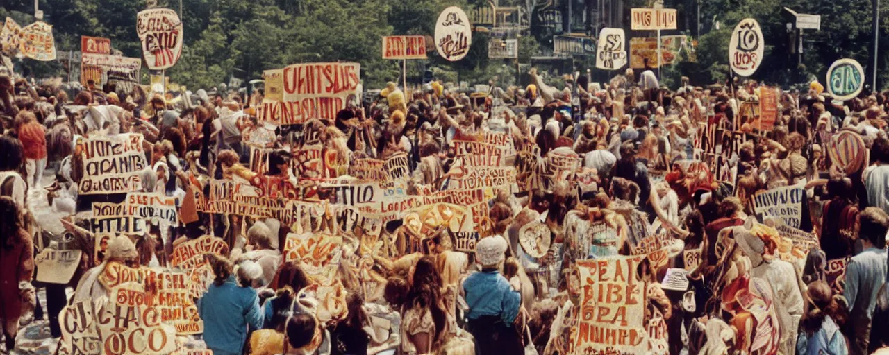 Image similar to hippies protesting with spaghetti signs, 1 9 6 0's,, high detail, canon 5 0 mm, wes anderson film, kodachrome