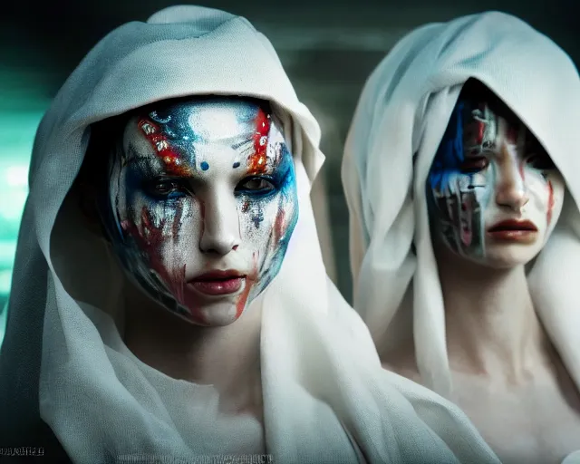 Prompt: a film still of two synthetic female human oracles wrapped in white cloth, beautiful, tribal facepaint, neotokyo, cinematic lighting, 3 5 mm, high resolution, 4 k