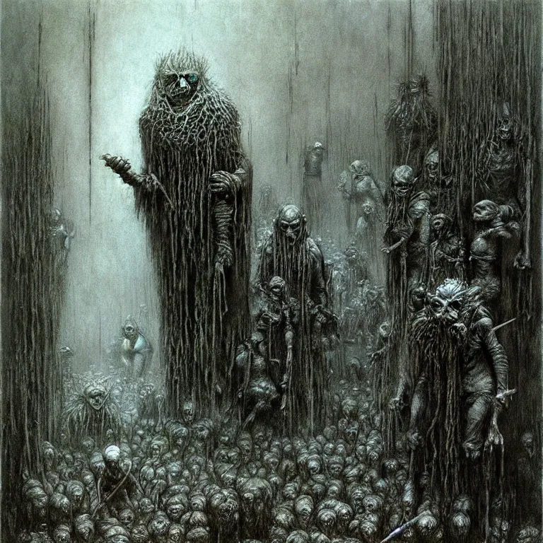 Image similar to dark underground with goblins by Beksinski, Luis Royo
