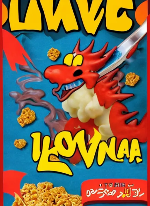 Image similar to lava - os cereal box front, cereal that tastes like lava, dragon mascot, high quality upload, 2 0 0 8