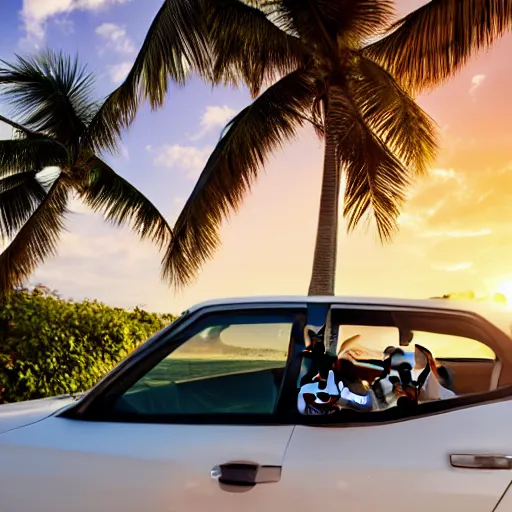 Prompt: a photo of a dog driving a car along a beach road in miami in sunset, photo realistic 8k