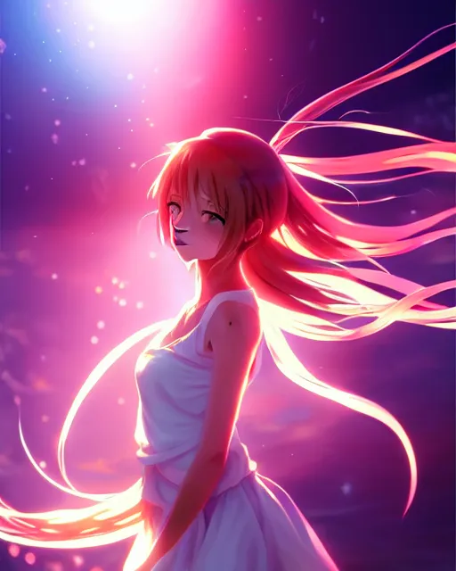 Prompt: anime style, vivid, expressive, full body, 4 k, painting, a cute girl with white skin and a long wavy hair humming a song, stunning, realistic light and shadow effects, centered, simple background, studio ghibly makoto shinkai yuji yamaguchi