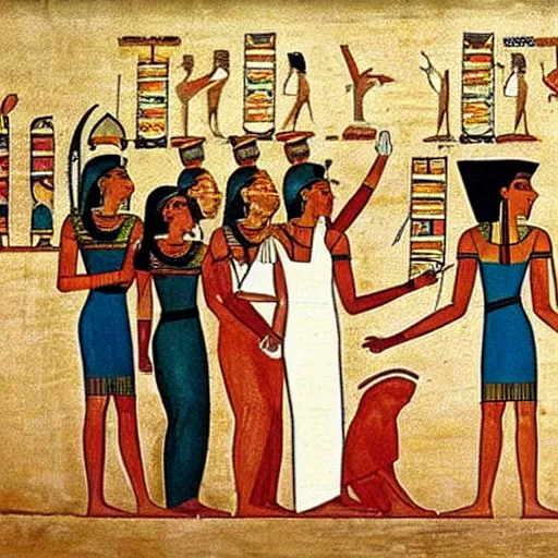 Image similar to egyptian painting of people taking a group selfie