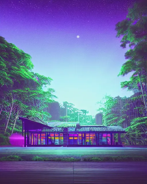 Image similar to architecture by john william casilear, infrared lake lightpaint cyberpunk vaporwave uv light rainforest nightsky nature morning sun meadow at night reclaimed by nature, archdaily, wallpaper, highly detailed, trending on artstation.