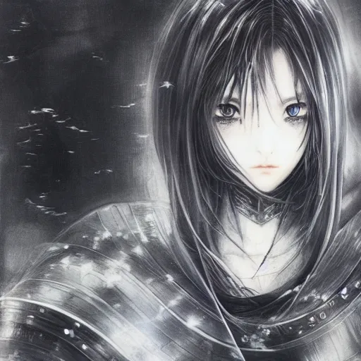 Image similar to yoshitaka amano blurred and dreamy illustration of an anime girl with black eyes, wavy white hair and cracks on her face near eyes wearing elden ring armour with the cape fluttering in the wind, abstract black and white patterns on the background, noisy film grain effect, highly detailed, renaissance oil painting, weird portrait angle