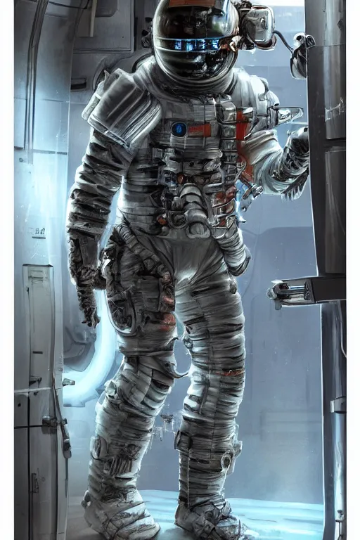 Prompt: Dead Space themed Astronaut stepping out of an airlock, Industrial Scifi, detailed illustration, concept art, by Martin Grip