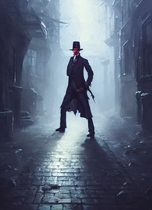 Image similar to highly detailed portrait of jack the ripper, realistic, horror, fantasy art by greg rutkowski, stanley artgerm, loish, rhads, tom bagshaw, global illumination, radiant light, detailed and intricate environment