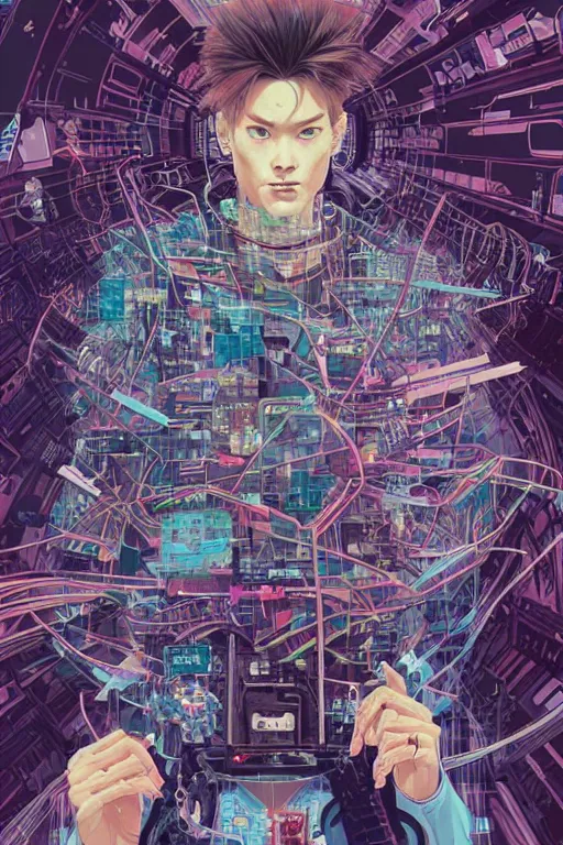 Image similar to 1 9 8 9 portrait of a japanese netrunner jacked into a cyberdeck. highly detailed masterpiece art by josan gonzalez.