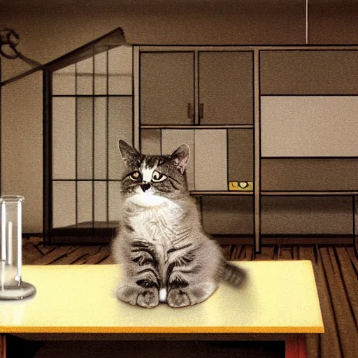 Image similar to Schrodinger's cat performing science experiments in a lab, digital art, high resolution