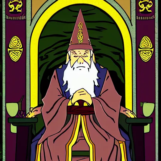 Image similar to An old wizard sitting on a throne, anime style svg