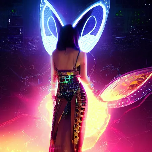 Prompt: a girl like yoona, in a glowing skirt, wearing cybernetic bunny ears, casting fire spell in shape of a butterfly, background cyberpunk spaceship, full shot, photo, geometries, Fibonacci volumetric lighting, epic composition, intricate details, dark neon punk, by denis villeneuve and WLOP