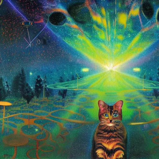 Image similar to psychedelic lush pine forest, outer space, milky way, amber eyes cat eyes designed by arnold bocklin, jules bastien - lepage, tarsila do amaral, wayne barlowe and gustave baumann, cheval michael, trending on artstation, star, sharp focus, colorful refracted sparkles and lines, soft light, 8 k 4 k