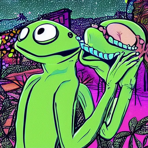 Prompt: a very trippy scene. of a half man half sloth making out with a frog