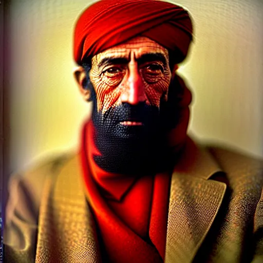 Image similar to portrait of president woodrow wilson as afghan man, green eyes and red scarf looking intently, photograph by steve mccurry