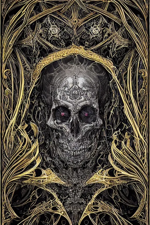 Prompt: king of death, in style of Nekro, in style of Midjourney,golden tarot card, mandelbulber fractal, insanely detailed and intricate vibrant black line work, golden ratio, elegant, gothic fog, ornate, horror, elite, ominous, haunting, matte painting, cinematic, cgsociety, vivid and vibrant