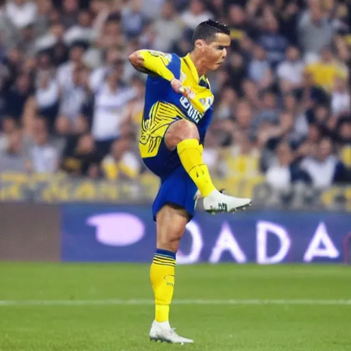 Prompt: cristiano ronaldo playing for sochaux fc, high kick celebration