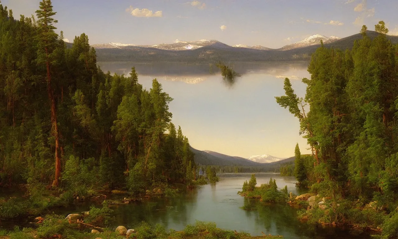 Image similar to A Beautiful View of the Truckee River near Lake Tahoe, art by Frederic Edwin Church and Thomas Cole