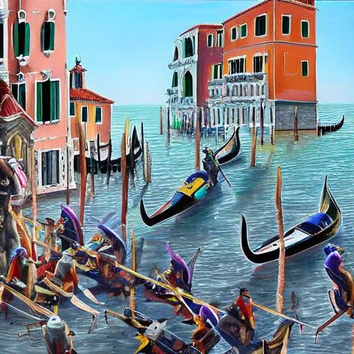 Image similar to a 1 8 th painting of a humanoid robots invasion in venice