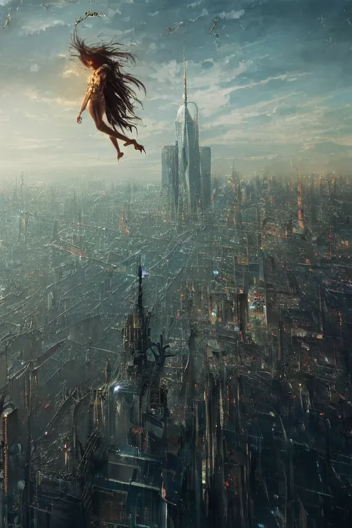 Prompt: goddess of artificial intelligence floating above a city, sharp focus, by rozalski, by greg rutkowski, cinematic, cinematic shot, megalophobia, award winning, trending on artstation, intricate, detailed