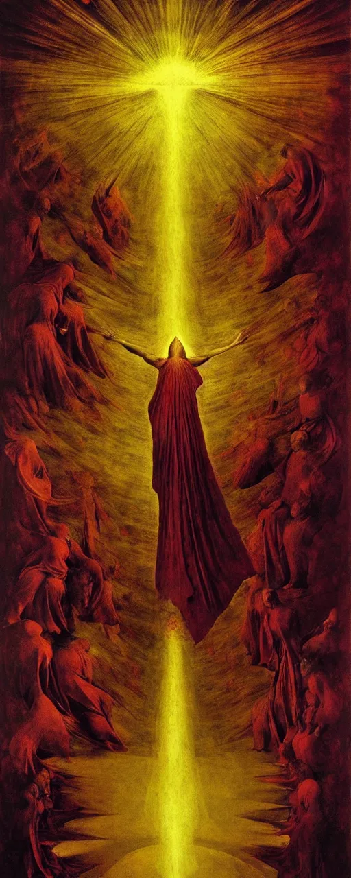 Prompt: ascension of the scarlet woman by caravaggio adolf wolfli beksinski jan van eyck william blake, ascension to heaven, damned souls, golden sun, sky with stars, beam of light from face, ecstatic visions, religious ritual, epiphany, conical red hood, red gold emerald