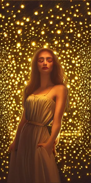 Prompt: young woman surrounded by golden firefly lights in a mesmerizing scene, amidst nature fully covered by a intricate detailed dress, long loose red hair, precise linework, accurate green eyes, small nose with freckles, smooth oval shape face, empathic, bright smile, expressive emotions, hyper realistic ultrafine art by artemisia gentileschi, jessica rossier, boris vallejo