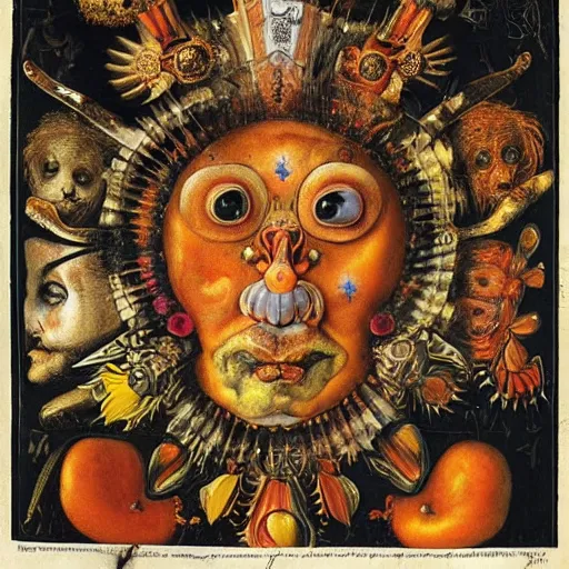 Image similar to album cover, religious reliquary, new age, black, white, orange, psychedelic, giuseppe arcimboldo