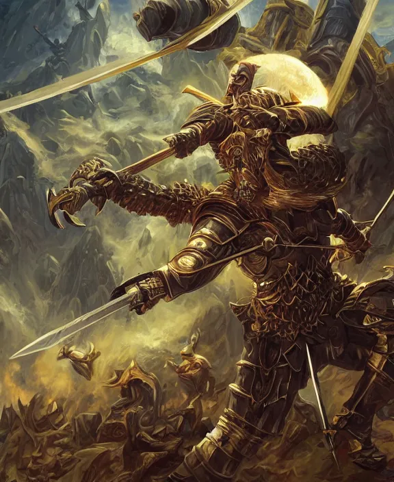 Image similar to final boss archer, fantasy, man, gilded shiny armour, contrast, highly detailed, digital painting, artstation, concept art, wallpaper, smooth, sharp focus, illustration, illumination, art by larry elmore, jeff easley, clyde waldwell, keith parkinson, daniel r horne