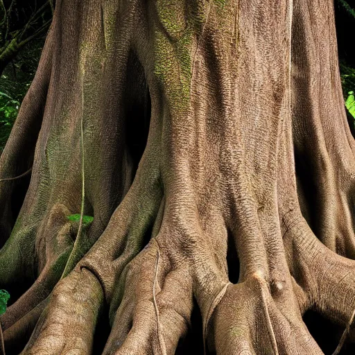 Image similar to close up of a strangler fig tree with mutant likens growing on its bark. In the background a lush, dense forest, volumetric dusk light filtering from above. Eerie but serene, photorealistic, 8k