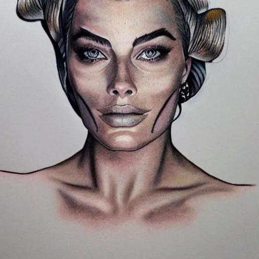 Prompt: face morph tattoo design of margot robbie with beautiful mountain scenery, in the style of chris mataafa, amazing detail