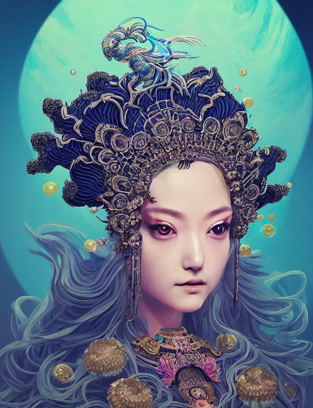 Image similar to 3 d goddess close - up portrait with crown, ram skull. beautiful intricately detailed japanese crow kitsune mask and clasical japanese kimono. betta fish, jellyfish phoenix, bioluminescent, plasma, ice, water, wind, creature, artwork by tooth wu and wlop and beeple and greg rutkowski