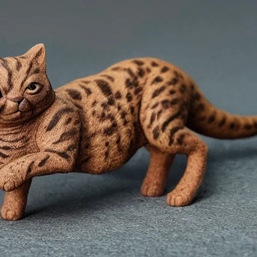 Prompt: medium - shot realistic clay cat, full body, walking, rough, handmade, fingerprints on clay, masterpiece, artistic, museum, highly detailed, hq, by adam beane