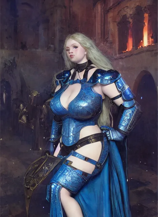 Image similar to beautiful blue - eyed mazzaratie monica bbw plumper big girl wearing tiny black medieval armour, detailed by gaston bussiere, bayard wu, greg rutkowski, giger, maxim verehin, greg rutkowski, masterpiece, sharp focus, cinematic lightning