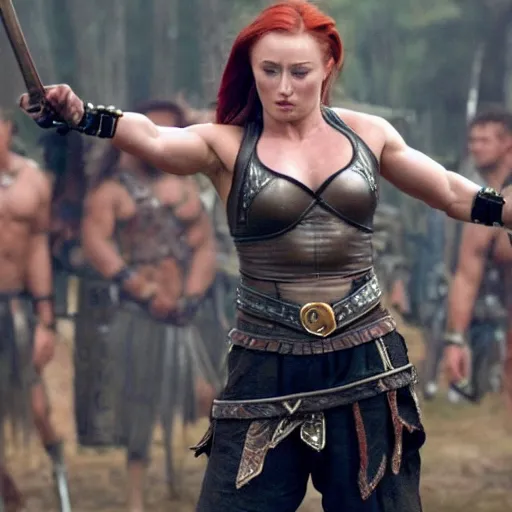 Image similar to still of muscular sophie turner in xena, six packs abs