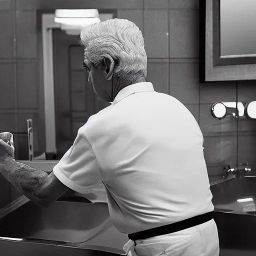 Image similar to phil leotardo in a bathroom washing his hands, realistic, photorealistic, 8 k