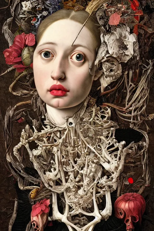 Image similar to Detailed maximalist portrait with large lips and with large white eyes, exasperated expression, botany bones, HD mixed media, 3D collage, highly detailed and intricate, surreal illustration in the style of Caravaggio, dark art, baroque