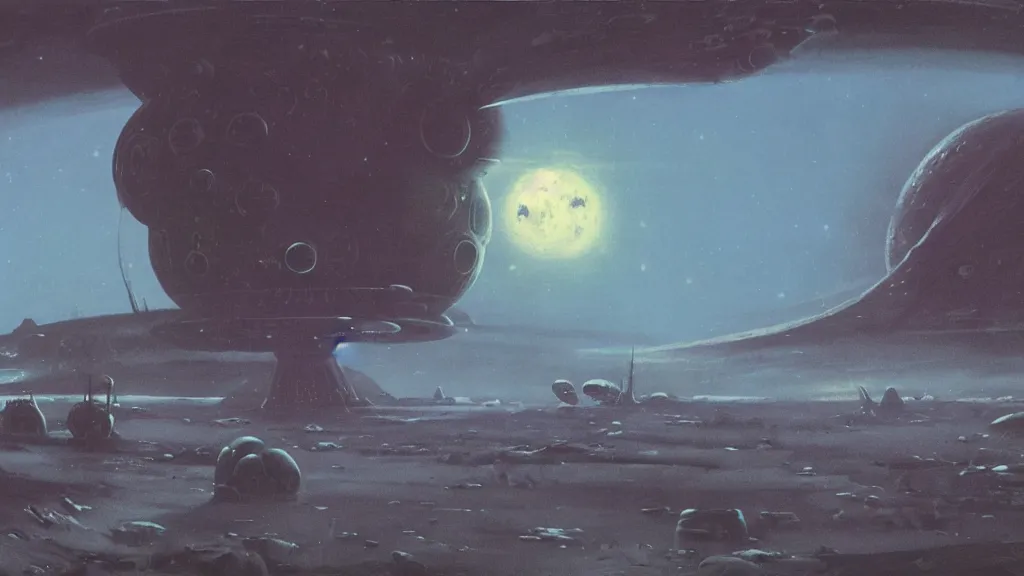 Image similar to eerie atmospheric alien planet with a small dropship pod landing by paul lehr and jack gaughan and john schoenherr, epic cinematic matte painting